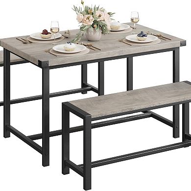 3-Piece Kitchen Table Set with 2 Wide Benches Industrial Dining Tables Set for Small Kitchen