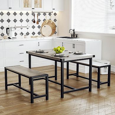 3-Piece Kitchen Table Set with 2 Wide Benches Industrial Dining Tables Set for Small Kitchen