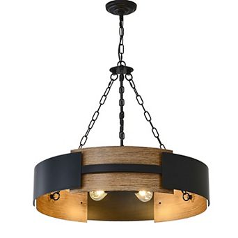 Modern Farmhouse 28-Inch Black And Faux Wood 6-Light Drum Chandelier Ceiling Light Fixture