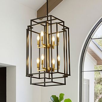 Industrial 8-Light Lantern Chandelier, Black and Gold Tiered Metal Pendant Light for Dining Room