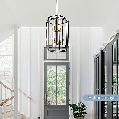 Industrial 8-Light Lantern Chandelier, Black and Gold Tiered Metal Pendant Light for Dining Room