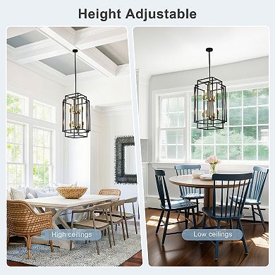 Industrial 8-Light Lantern Chandelier, Black and Gold Tiered Metal Pendant Light for Dining Room