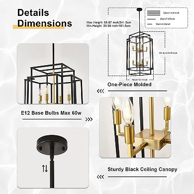 Industrial 8-Light Lantern Chandelier, Black and Gold Tiered Metal Pendant Light for Dining Room