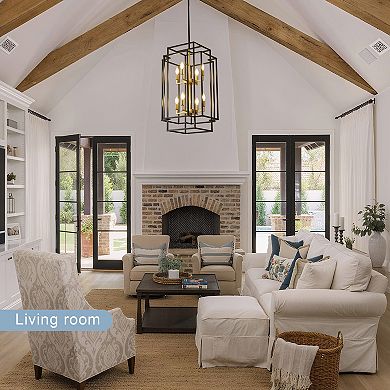 Industrial 8-Light Lantern Chandelier, Black and Gold Tiered Metal Pendant Light for Dining Room