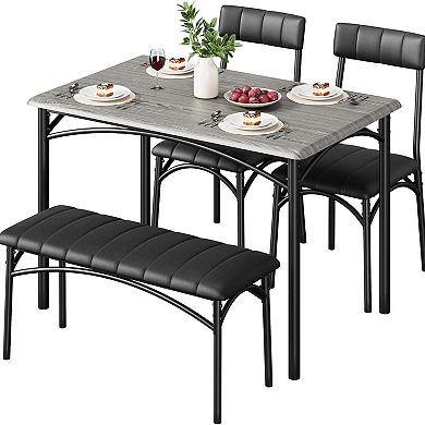 Dining Table Set for 4, Space-Saving Wood Kitchen Table with Upholstered Bench and 2 Chairs