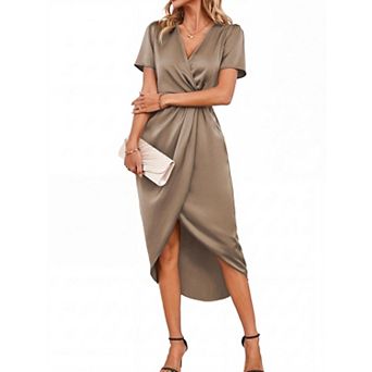 Women's Satin Wrap Midi Dress V-Neck Short Sleeve Work Dress with Ruched Waist