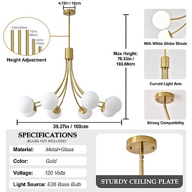Beautiful Gold 8-Light Branch Chandelier for Spacious Modern Living and Dining Rooms