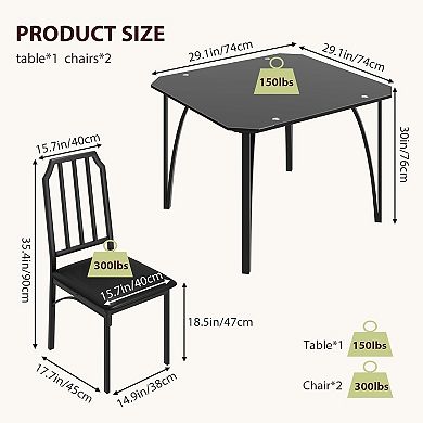 Glass Top Kitchen Table and Upholstered Chairs for 2, 3 Piece Dining Room Table Set