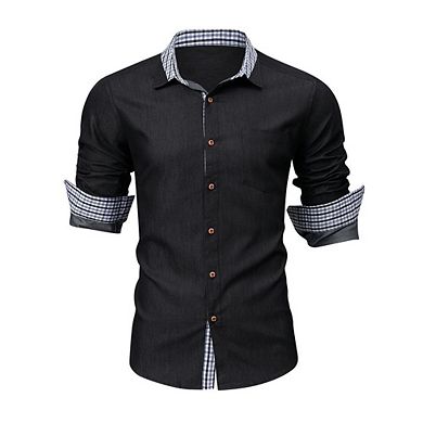 Mens Denim Button Down Long Sleeve Shirt Plaid Business Casual Work Collared Jean Top with Pocket