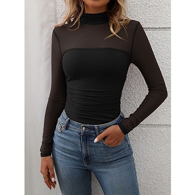Women's Mock Neck Mesh Sheer Long Sleeve Tops Ruched See Through Going Out Blouses