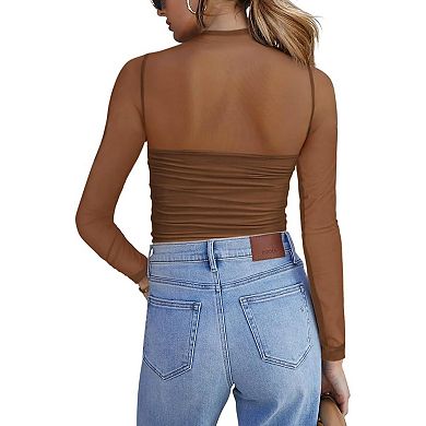 Women's Mock Neck Mesh Sheer Long Sleeve Tops Ruched See Through Going Out Blouses