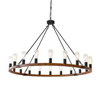 Warm Rustic Wood 20-Light Wagon Wheel Statement Chandelier for Large Family Dining Rooms