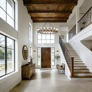 Warm Rustic Wood 20-Light Wagon Wheel Statement Chandelier for Large Family Dining Rooms