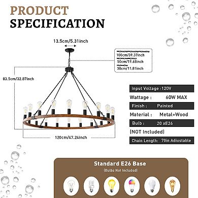 Warm Rustic Wood 20-Light Wagon Wheel Statement Chandelier for Large Family Dining Rooms