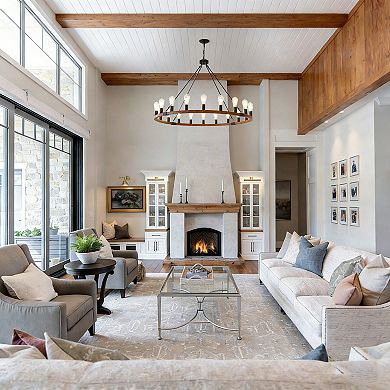 Warm Rustic Wood 20-Light Wagon Wheel Statement Chandelier for Large Family Dining Rooms