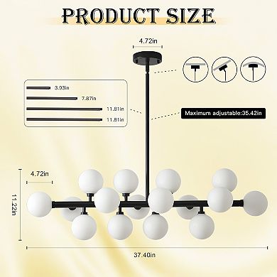 Modern 37.4-Inch Linear Branch Sputnik Chandelier with Glass Globes