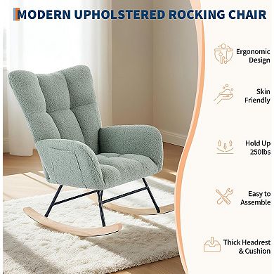Teddy Fleece Glider Rocker, Upholstered Rocking Chair with Soft Seat & High Backrest