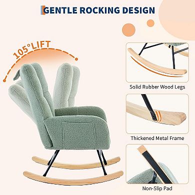 Teddy Fleece Glider Rocker, Upholstered Rocking Chair with Soft Seat & High Backrest