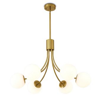 Mid-Century Modern Gold Metal 6-Light E26 Chandelier with Milk White Glass Globe Shades