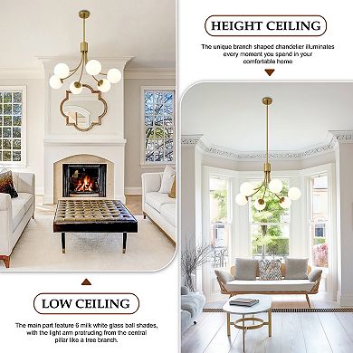 Mid-Century Modern Gold Metal 6-Light E26 Chandelier with Milk White Glass Globe Shades