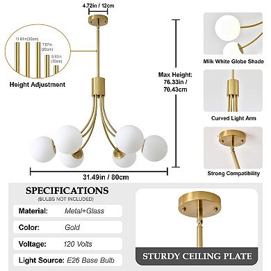 Mid-Century Modern Gold Metal 6-Light E26 Chandelier with Milk White Glass Globe Shades