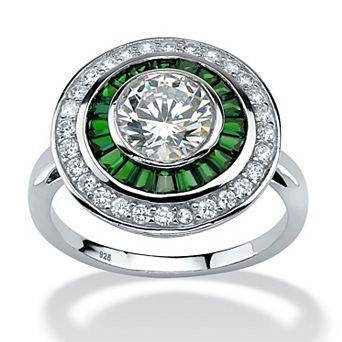 2.26 TCW Round CZ and Emerald Halo Ring in Platinum-plated Sterling Silver