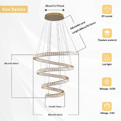 Modern 33.5-Inch Gold Titanium Spiral K9 Crystal LED Pendant Chandelier