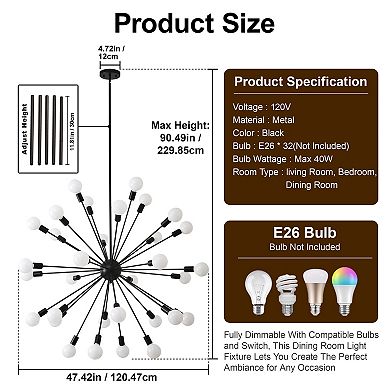 Striking Matte Black 32-Light Starburst Chandelier For Modern Homes