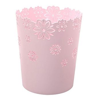 Pink Hollow Flower Design Wastebasket Plastic Lidless Trash Can for Bathroom Bedroom