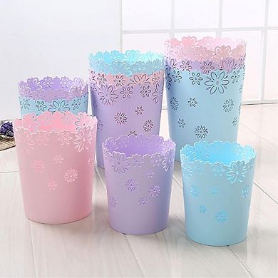 Pink Hollow Flower Design Wastebasket Plastic Lidless Trash Can for Bathroom Bedroom