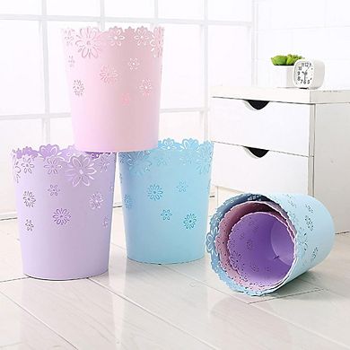 Pink Hollow Flower Design Wastebasket Plastic Lidless Trash Can for Bathroom Bedroom