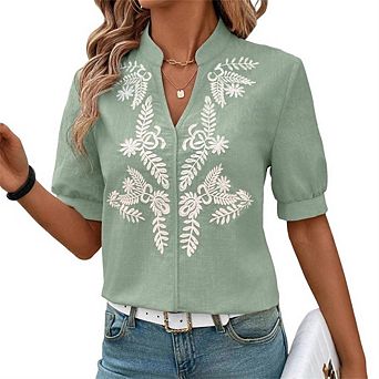Women's Cotton V-Neck Embroidered Blouse Stand Collar Puff Sleeve Casual Shirt