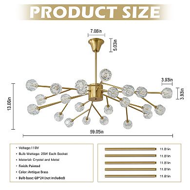 Antique Brass 24-Light 59-Inch Mid-Century Sputnik Crystal Chandelier Ceiling Fixture