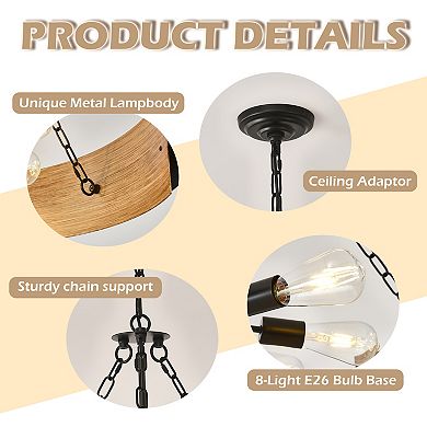 Beautiful Rustic Faux Wood 8-Light Drum Chandelier For Large Dining Rooms