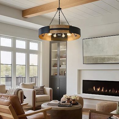 Beautiful Rustic Faux Wood 8-Light Drum Chandelier For Large Dining Rooms