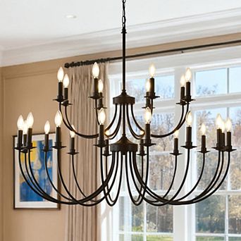 38-Inch Matte Black Metal 24-Light Two-Tier Vintage Candle Chandelier For High Ceilings