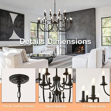 38-Inch Matte Black Metal 24-Light Two-Tier Vintage Candle Chandelier For High Ceilings