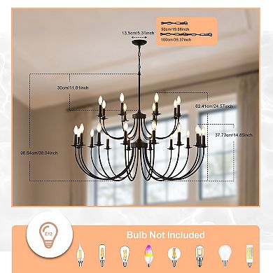 38-Inch Matte Black Metal 24-Light Two-Tier Vintage Candle Chandelier For High Ceilings