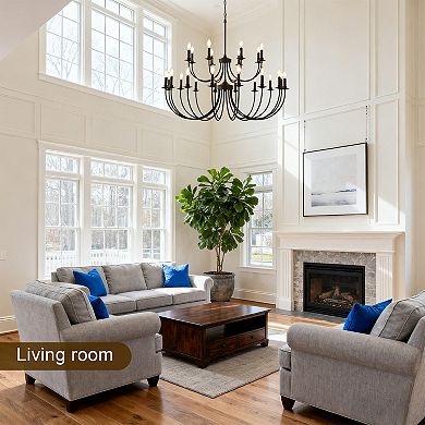 38-Inch Matte Black Metal 24-Light Two-Tier Vintage Candle Chandelier For High Ceilings
