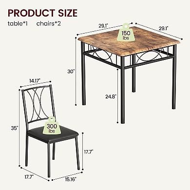 3 Piece Dining Table, Square Wooden Kitchen Table with 2 Chairs, Kitchen Table Set