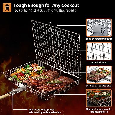 Sorbus 2 Pack Stainless Steel Large Folding Barbecue Grilling Basket with Handle-for Outdoor Cooking