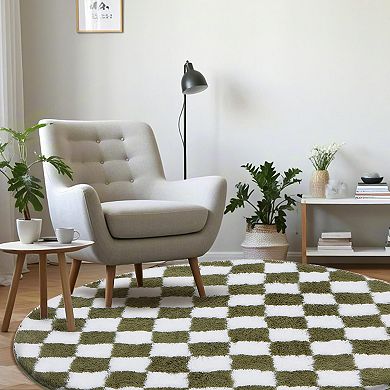 Super Soft Round Rug 5x5 Ft Checkered Non-slip High Pile Fluffy Bedroom Living Room