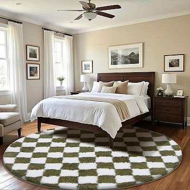Super Soft Round Rug 5x5 Ft Checkered Non-slip High Pile Fluffy Bedroom Living Room