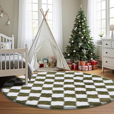 Super Soft Round Rug 5x5 Ft Checkered Non-slip High Pile Fluffy Bedroom Living Room