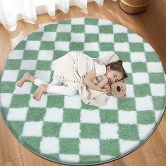 Super Soft Round Rug 5x5 Ft Checkered Non-slip High Pile Fluffy Bedroom Living Room