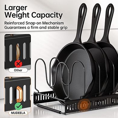 Expandable Pots and Pans Organizer Rack with Adjustable Compartments for Cabinet Storage