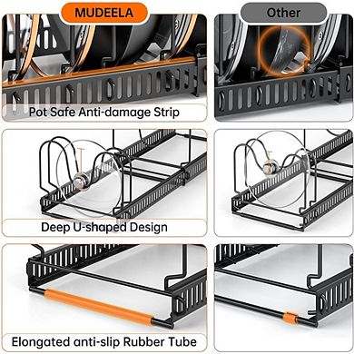 Expandable Pots and Pans Organizer Rack with Adjustable Compartments for Cabinet Storage