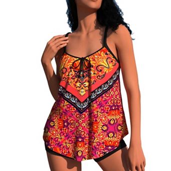 Women's Bohemian Print Spaghetti Strap Tank Dress Casual Beachwear with Front Tie