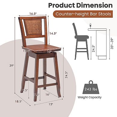 Costway Swivel Bar Stools Counter Height Rubber Wood Pub Chairs w/ Rattan Back