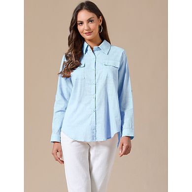 Casual Button Down Shirts for Women's Collared Rolled Long Sleeve Blouse